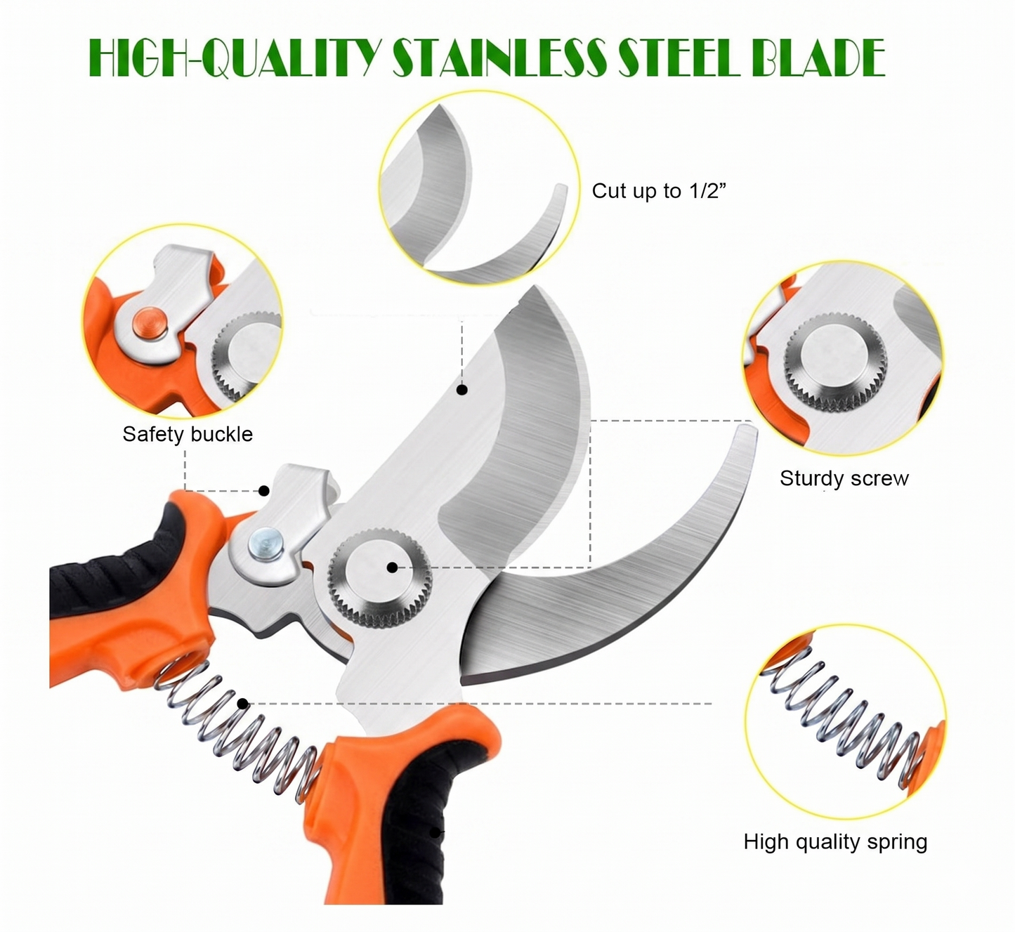 TDL Professional 7.5" Pruning Shears – High-Carbon Stainless Steel Garden Clippers with Non-Slip Comfort Grip