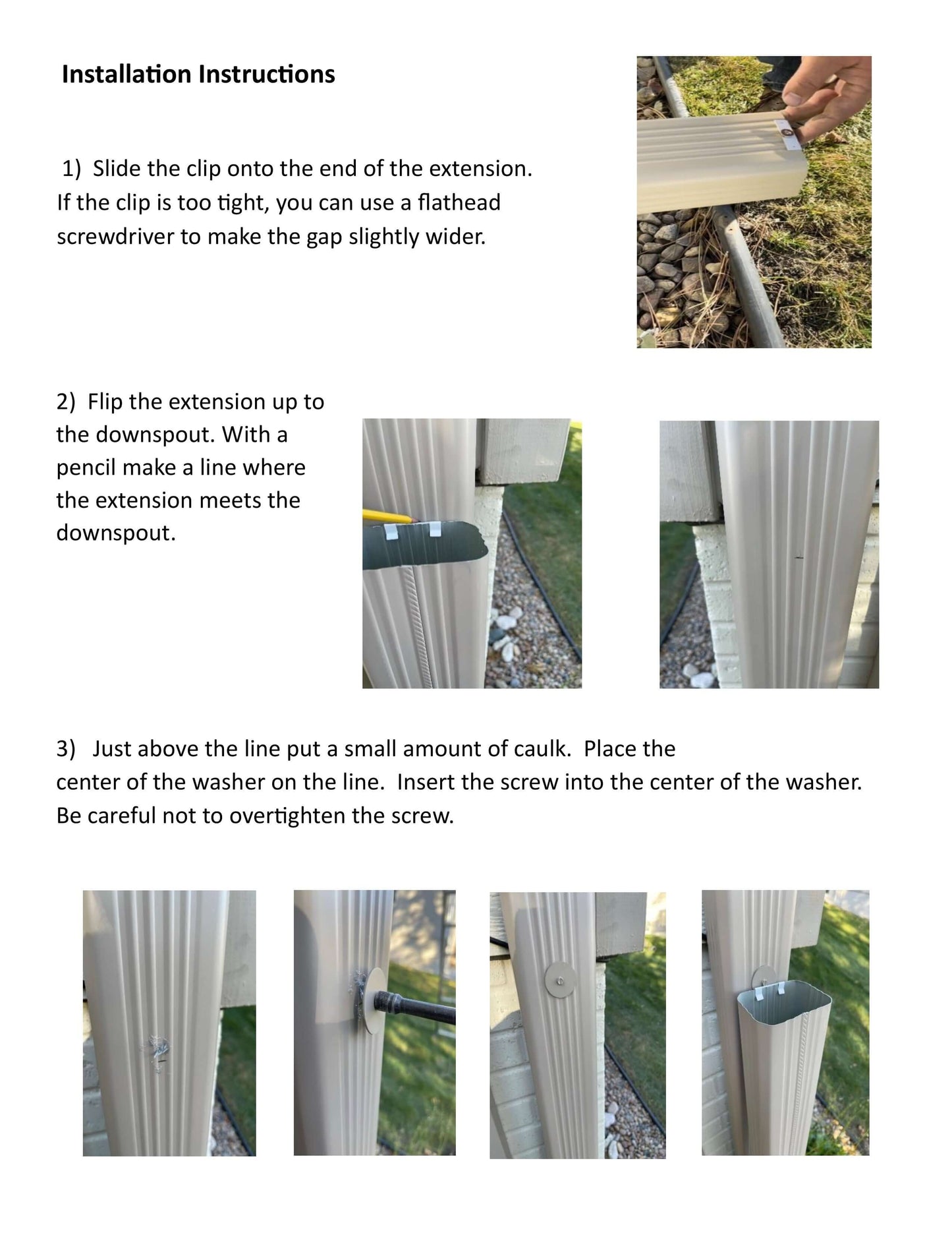 Installation instructions for downspout extension retention clip, including step-by-step images and tips for setup.