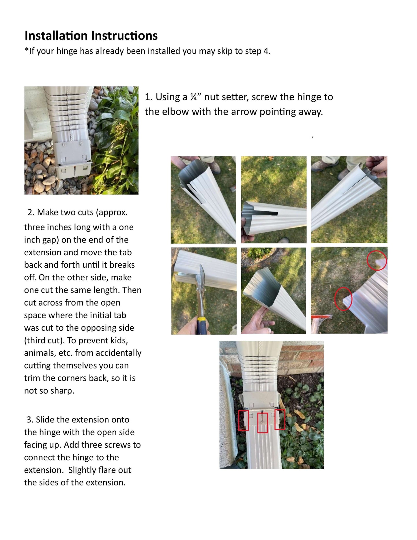 Installation instructions for downspout flip up hinge, showing steps to attach and adjust the extension securely.