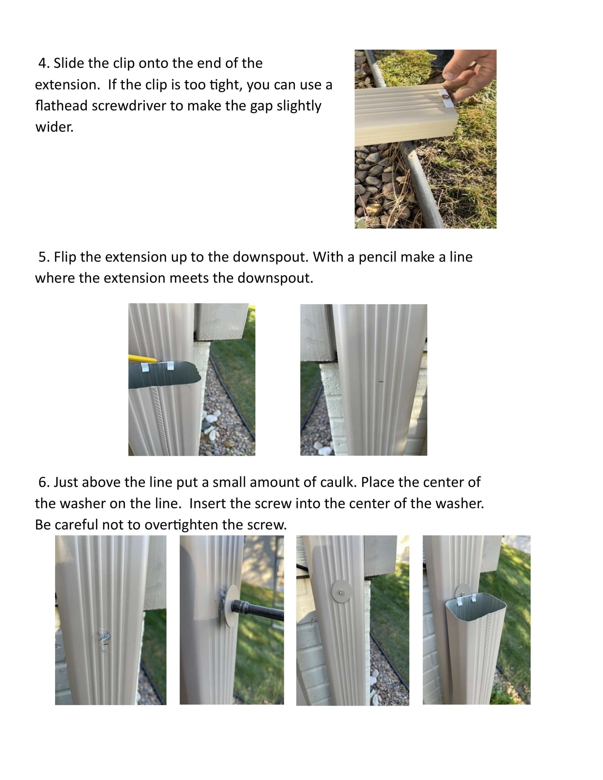 Step-by-step guide for installing a downspout clip and hinge on a gutter extension.